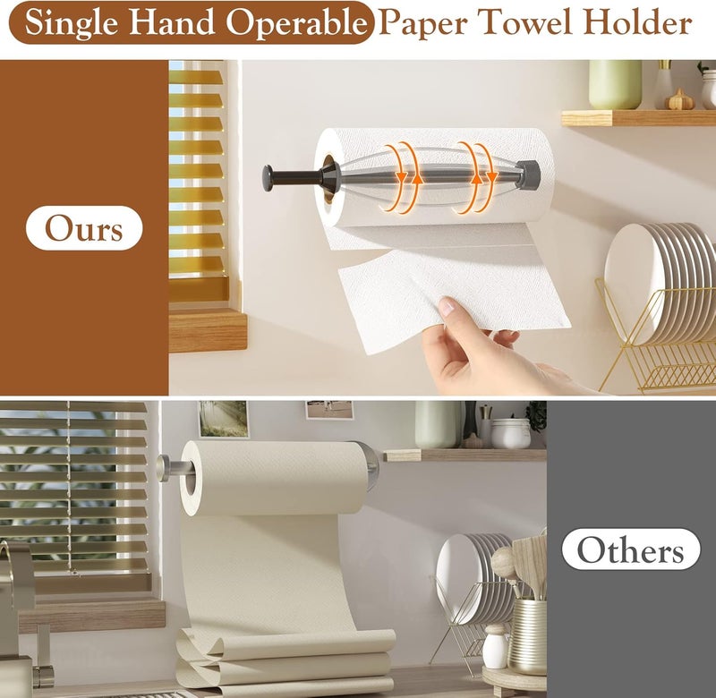 Winproper Paper Towel Holder Under Cabinet, Single Hand Operable Wall Mount with Damping Effect, Self-Adhesive or Drilled Paper Roll Holders for Kitchen, Bathroom, RV(2 Towel Robe Hooks) - Image 2